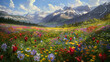 Floral Symphony alpine meadow alive with the vibrant colors of spring, as a myriad of wildflowers bloom in abundance, painting the landscape with hues of red, yellow, and purple.