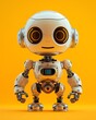 A housekeeper robot with metallic arms and a smiling face, set against a vibrant yellow background