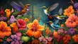 Vibrant hummingbirds sipping nectar from colorful flowers in a lush garden.
