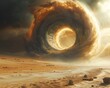 The relentless force of a sandstorm threatens to tear apart a time machine, with remnants of different time periods visible within the swirling vortex