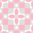 Abstract geometric ornament. Pink and grey circles, squares and other shapes. Seamless pattern. Background for cover, textile, decor.