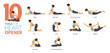 10 Yoga poses or asana posture for workout in heart opener concept. Women exercising for body stretching. Fitness infographic. Flat cartoon.