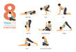 8 Yoga poses or asana posture for workout in back stretches concept. Women exercising for body stretching. Fitness infographic. Flat cartoon.