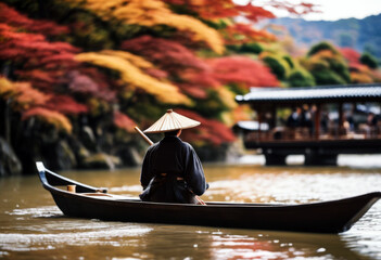 Japan river punting boat Arashiyama Kyoto season autumn river Boatman