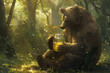 In a serene forest clearing, a bear sits contentedly, holding a jar of honey in its paws
