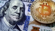 Bitcoin on 100 dollar bill background. Bitcoin vs Dollar.