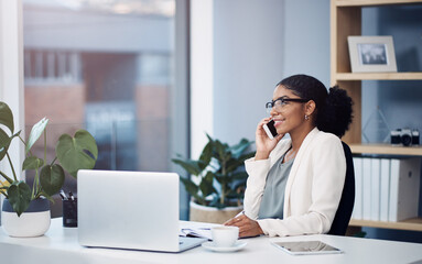 Aufkleber - Phone call, laptop and black woman in office for online talking, networking and discussion. Corporate worker, consulting and person on smartphone and computer for planning, contact or communication
