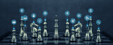 Fototapeta  - King chess with team player and leadership strategy icons for wining challenge or business teamwork and strategic planning and human resources organization risk management.