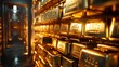 Dramatic 3D scene of a vault filled with stacks of gold bars, the door ajar, illuminating the gold's gleam as a secure investment