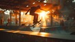 Dramatic evening light casting long shadows as a skateboarder jumps off a ramp, vibrant colors and urban setting enhancing the action