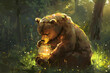 Painting of a brown bear sitting in a forest clearing. With a mischievous glint in its eye, the bear indulges in the sweet, golden jar of honey