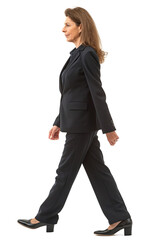 Professional Businesswoman in Classic Black Suit Walking