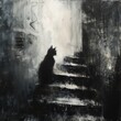 Monochromatic illustration of cat silhouette sitting on stairs leading to nowhere for animal adoption rescue shelter services