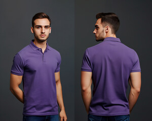 Wall Mural - Front and back views of a man wearing a purple polo shirt mockup template