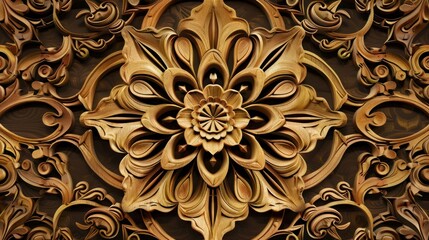 Poster - Abstract floral carving background with wooden texture, carved flowers and leaves, botanical hand made ornament, organic shapes, natural eco color palette, AI generated