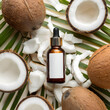 coconut milk and coconut.a serene spa still life scene from a top view, featuring a skincare serum bottle with a label surrounded by coconut milk and coconut elements, against a natural background. Th