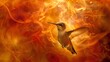 Ignite your imagination with this fiery hummingbird, soaring through an inferno with grace.