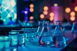 Neon-lit laboratory setup featuring beakers filled with solutions captures the essence of scientific research