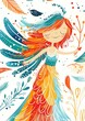 Whimsical Girl with Colorful Feathered Wings in Fantasy Illustration.