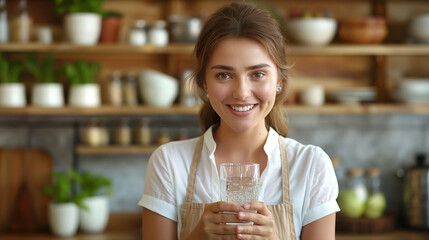 Sticker - Young chubby woman standing in kitchen sitting at table holding glass drinking pure water looking camera smiling cheerful.