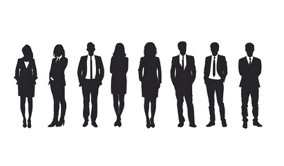 This image depicts eight business people standing in two rows of four, They are dressed in business attire and are in black silhouette against a white background.