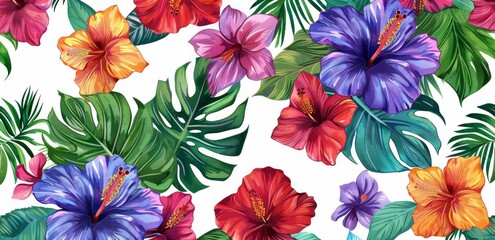 Wall Mural - Tropical flower pattern, watercolor illustration on a white background