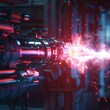 © Samaphon - Close-up of a plasma rifle discharging in a laboratory test, focusing on the weapon's mechanism and bright plasma burst