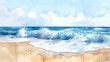 A watercolor painting of a peaceful beach scene with blue waves crashing on the shore