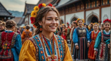 A beautiful young woman in a traditional Russian costume in the village