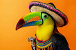 Portrait of a toucan bird wearing a traditional mexican sombrero hat