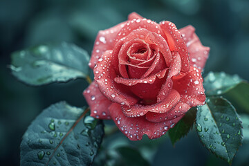Wall Mural - Closeup of red rose with water drops