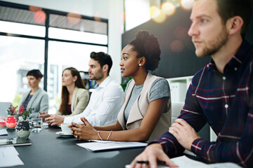 Poster - Teamwork, business people and meeting in boardroom for conference, seminar or workshop on corporate training. Office, diversity and group of employees for professional, onboarding or planning
