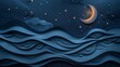 The photo shows a beautiful night sky with a crescent moon and stars. The ocean is calm and still, with gentle waves lapping at the shore. The scene is peaceful and serene.