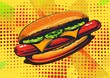 Pop Art Style Delicious Cheeseburger Illustration on Vibrant Dotted Background