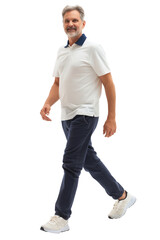 Casual Senior Man Walking Confidently Isolated on White