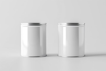 3D render of two white blank cans in the style of mockup on a light grey background