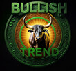 3d illustration render of a green and gold emblem with a bull in the center and text words BULLISH TREND are displayed above the emblem