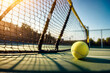 A tennis ball sits on the court, next to the net, with the sun shining through the net