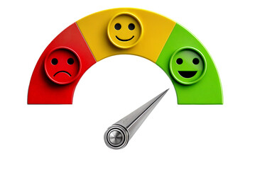 A red, yellow and green smiley face meter with a needle pointing to a green face. Concept of user customer support experience review and rating