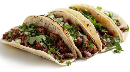 Wall Mural - Tasty tacos featuring meat and parsley on a white background