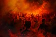 crowd of humans in hell surrounded by flames and ominous shadows