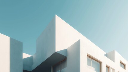 Photo of minimalistic geometric architectural building structure with white color and blue sky. Image of modern house with white color in square design with blue clear sky. Modern home concept. AIG42.