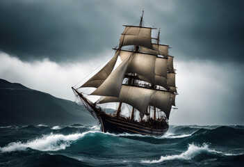 Wall Mural - sailing classic adrift day ship stormy adventure ocean waves big travel art generative concept ai wind storm wave float cruise ghost naval mediterranean deck wood