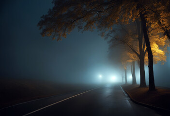 lonely fog road night car dark background driving white drive highway headlamp forest light deserted travel fast tree view street danger vehicle traffic auto isolated beautiful