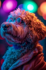 Wall Mural -  portrait style photo of a goldendoodle looking like a superhero, green and purple lights in the background 