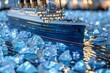 Close-up of titanic ship sailing in north atlantic ocean among icebergs with neon lights in evening
