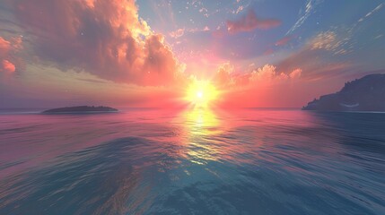 Wall Mural - The sun sets beautifully over the ocean, creating a colorful sky as it dips below the horizon.