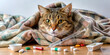 a sad cat lies under a blanket, there is a thermometer in his mouth next to pills, ampoules, a syringe, the cat is sick