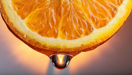 Vibrant orange slice dripping with juicy flames, a vivid depiction of freshness and energy