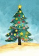Festive Decorated Christmas Tree with Stars and Snow Illustration